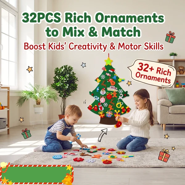 🎅Xmas Hot Sales - 50% OFF!🎄DIY Felt Christmas Tree for Kids✨32 Reusable Ornaments + Fairy Lights